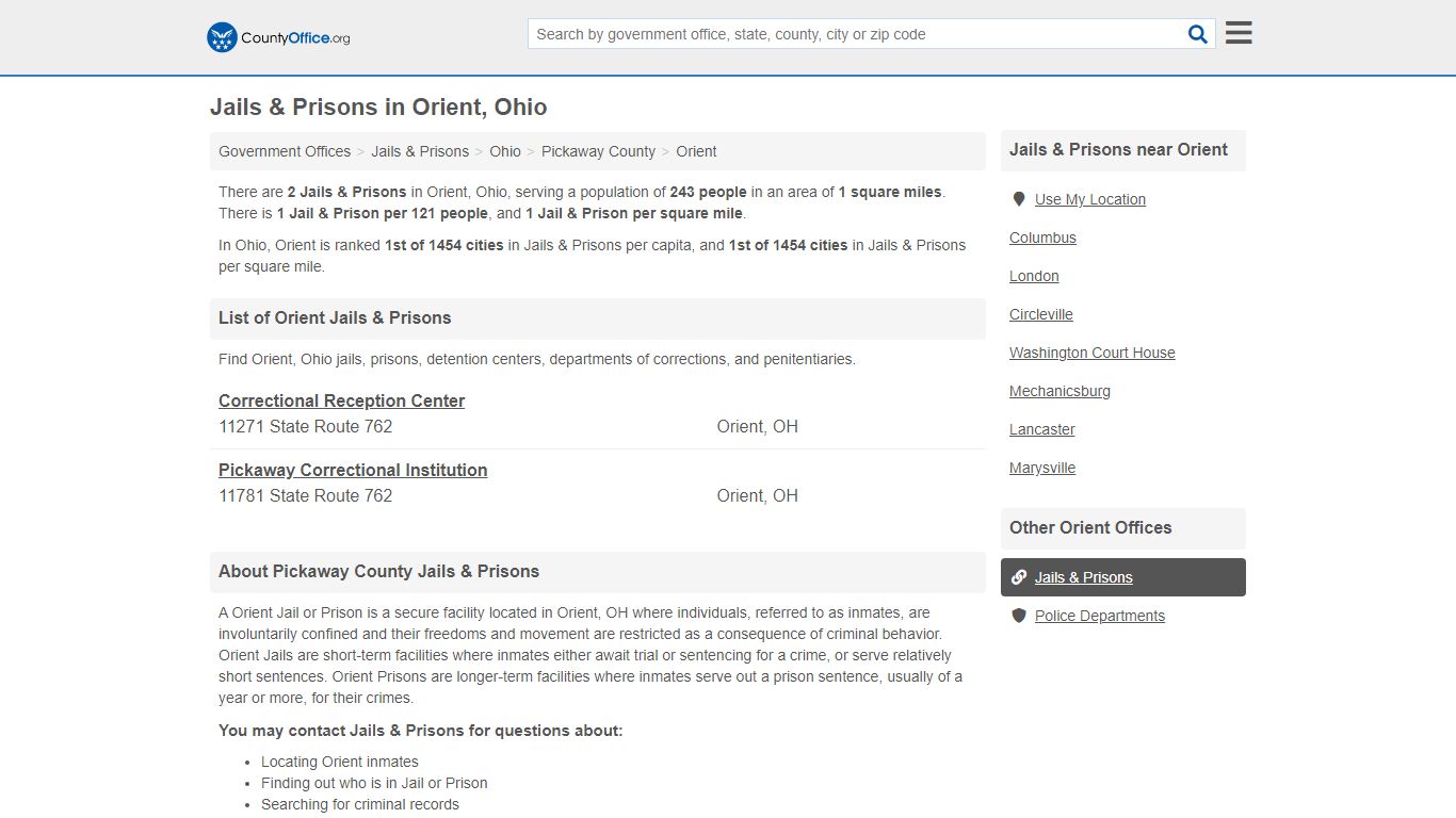 Jails & Prisons - Orient, OH (Inmate Rosters & Records) - County Office